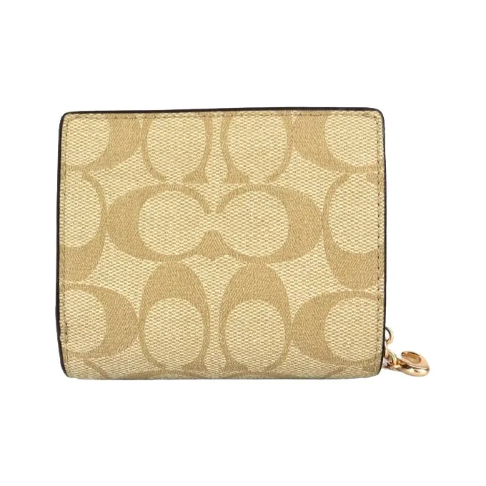 COACH Snap Wallet Iconic Coated Canvas With Smooth Leather Card Holder Wallet Regular Women's Khaki & Saddle Brown