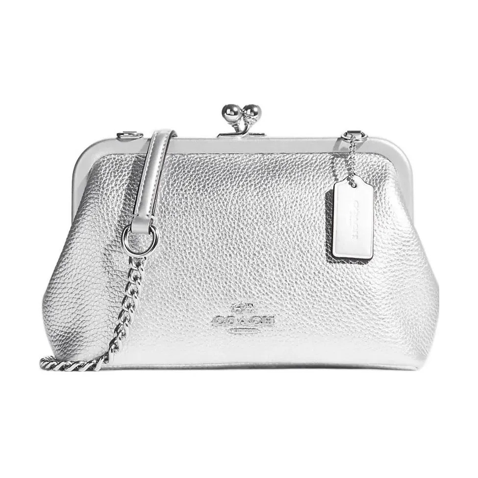 COACH Kisslock Pebbled Leather With Calfskin Shoulder Bag Crossbody Bag Small Size Women's Metal Silver