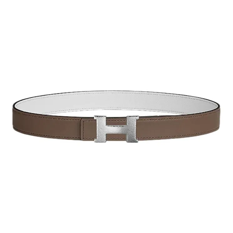 HERMES Studded Leather Silver Buckle Epsom Calfskin Double Sided Leather Belt Women's Elephant Gray/White Width 2.4cm