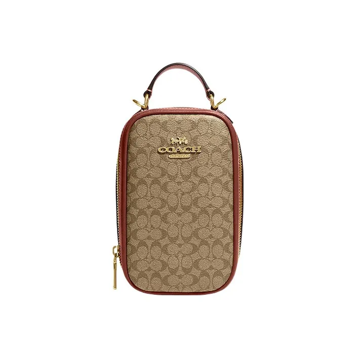COACH Eva Leather Cell Phone Pouch Handbag Shoulder Bag Crossbody Bag Mini Women's Khaki & Earth Tone Red