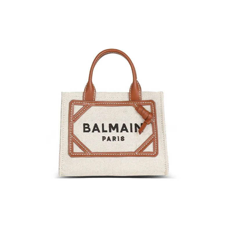 BALMAIN B ARMY Leather Patchwork Canvas Tote Bag, Shoulder Bag, Handbag Mini Women's Beige/Brown
