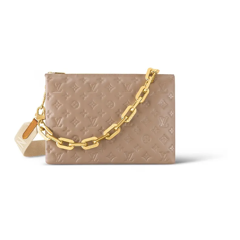 LOUIS VUITTON Coussin Sheepskin Cow Leather Patchwork Trim Shoulder Bag Crossbody Bag Medium Size Women's Brown
