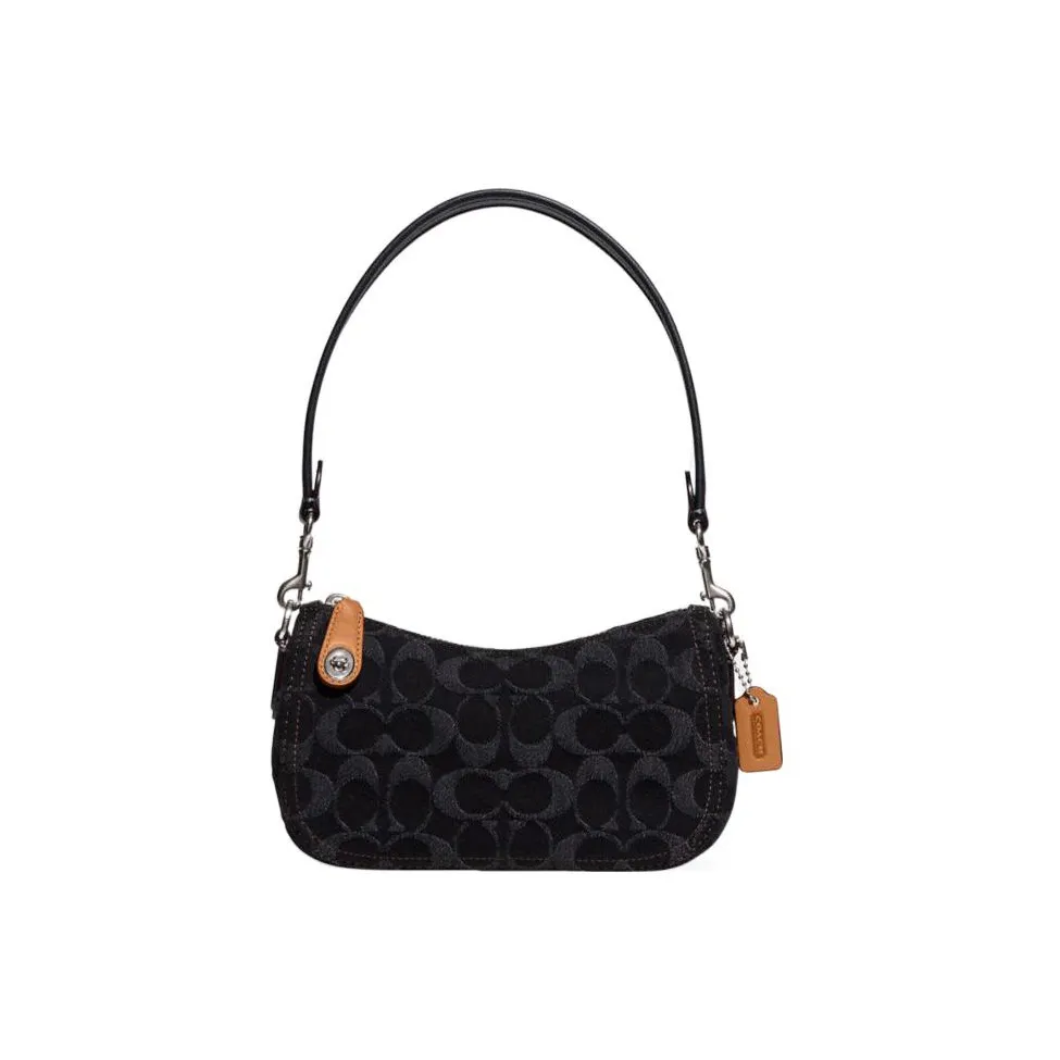 COACH Swinger Жаккардовая ткань с коровьей кожей Сумка через плечо Женская Черная