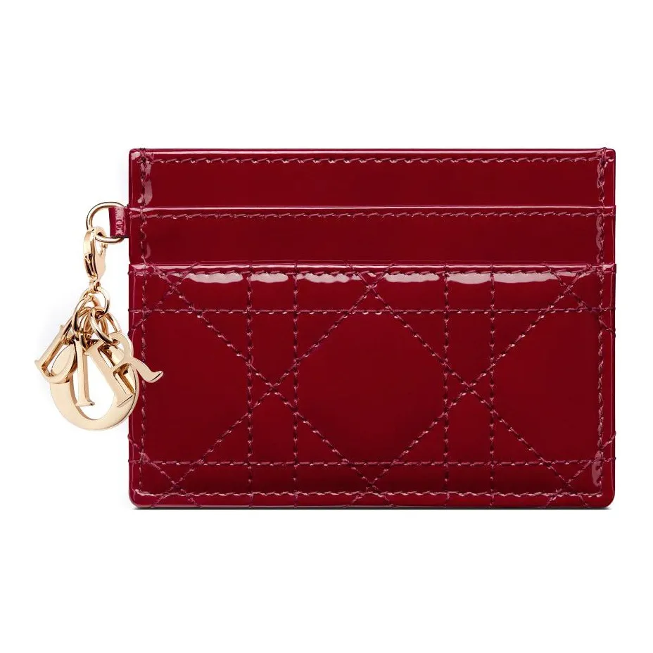 DIOR Lady Dior Patent Leather Cowhide Card Clip Card Holder Women's Red