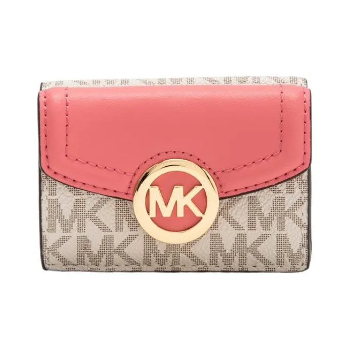 MICHAEL KORS Fulton Coated Canvas Card Holder Wallet Extra Small Women's Gray & Rose Red
