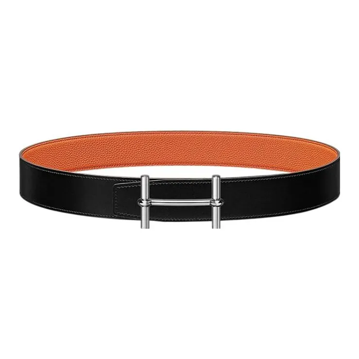 HERMES Leather Belts Men Black/Orange