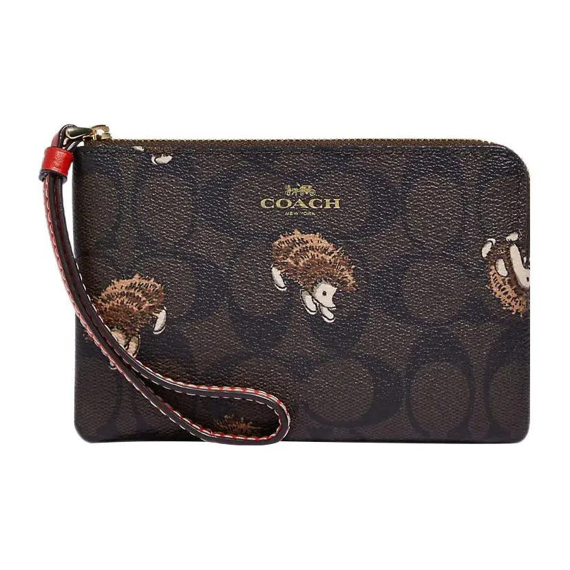 COACH Corner Zip Покрытый холст с кожаными вставками запястный клатч маленькая сумка женский коричневый черный