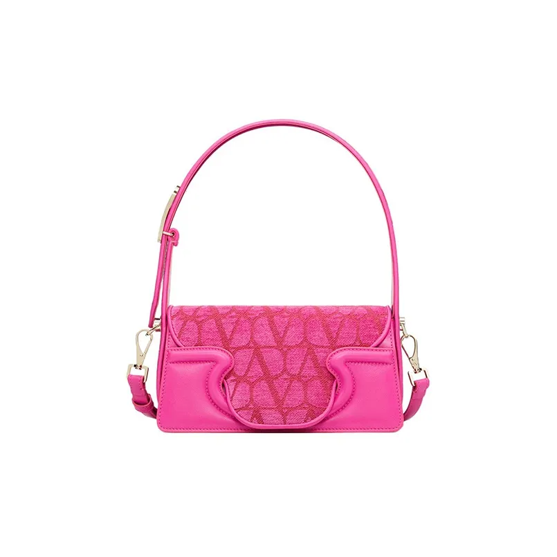 Valentino Canvas With Goatskin Detail Canvas Bag, Shoulder Bag, Crossbody Bag, Handbag Small Size Women's Pink