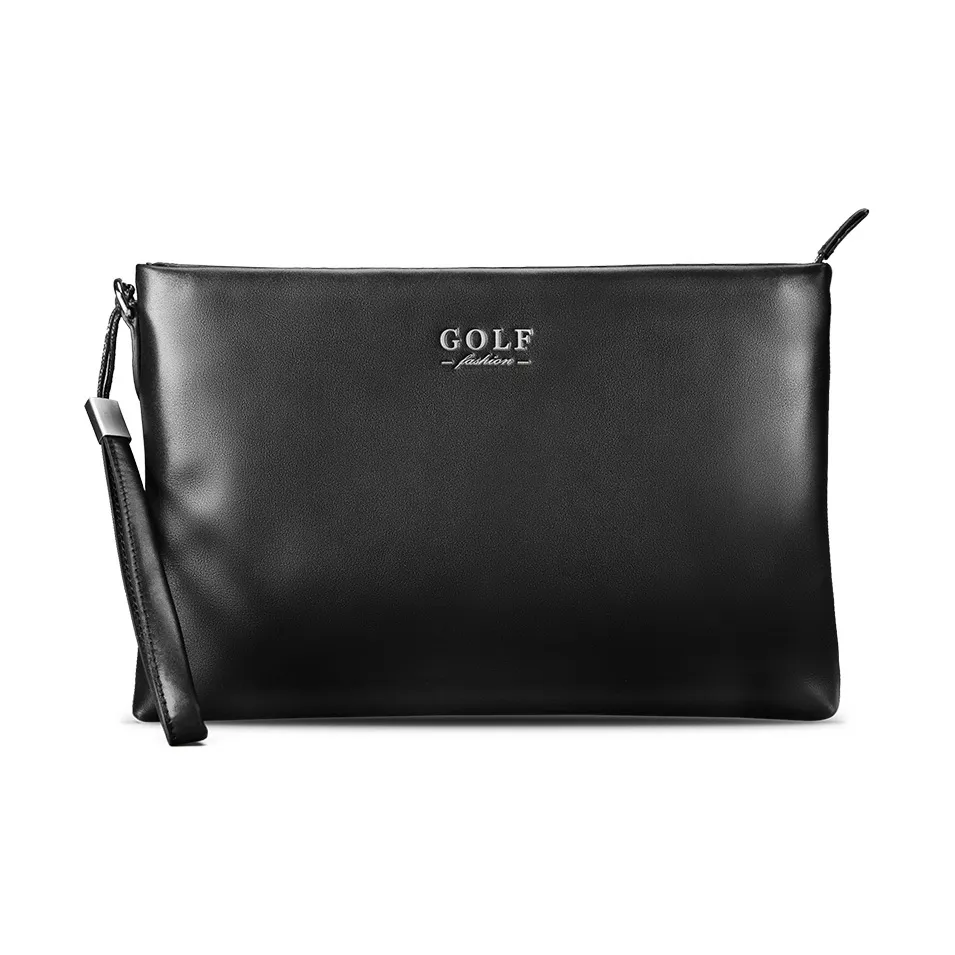 GOLF Top Grain Cow Leather Envelope Bag, Bill Pouch, Wallet, Card Holder, Clutch Large Men's Black