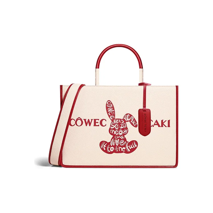 COWEC YCAKI Коровья кожа Сумка для поездок Сумка-тоут Сумка для покупок Сумка Большая унисекс Экрю и Красный