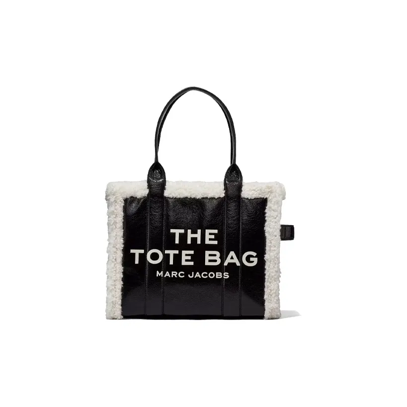 MARC JACOBS Leather With Lambswool And Plush Accents Tote Bag Shopping Bag Handbag Large Size Women's Black & White
