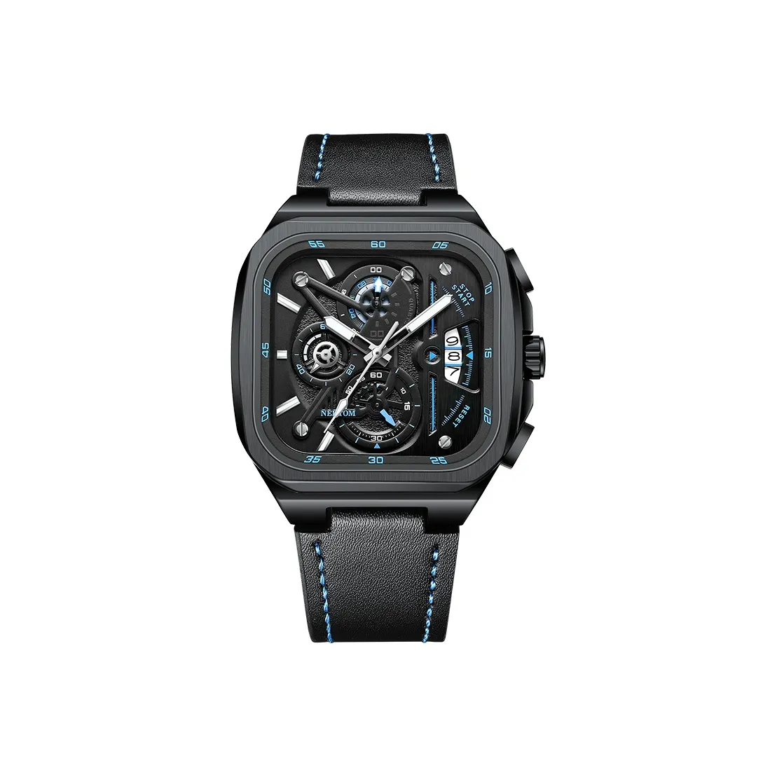 SVJ Black Warrior Square Watch Collection Кварцевый механизм Кожаный ремешок Часы Мужские Черный циферблат A8248G