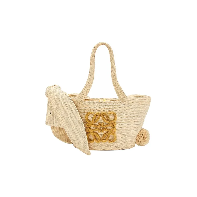 LOEWE Raffia Fiber Cow Leather Patchwork Handbag Small Size Women's Original