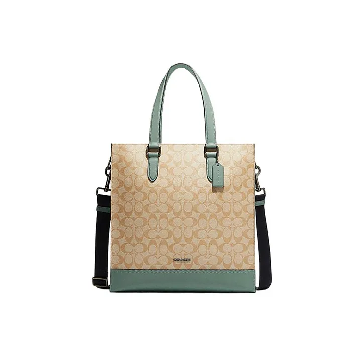 COACH Graham Cow Leather Tote Bag, Shopping Bag, Handbag, Shoulder Bag, Crossbody Bag Tubas Unisex Khaki & Green