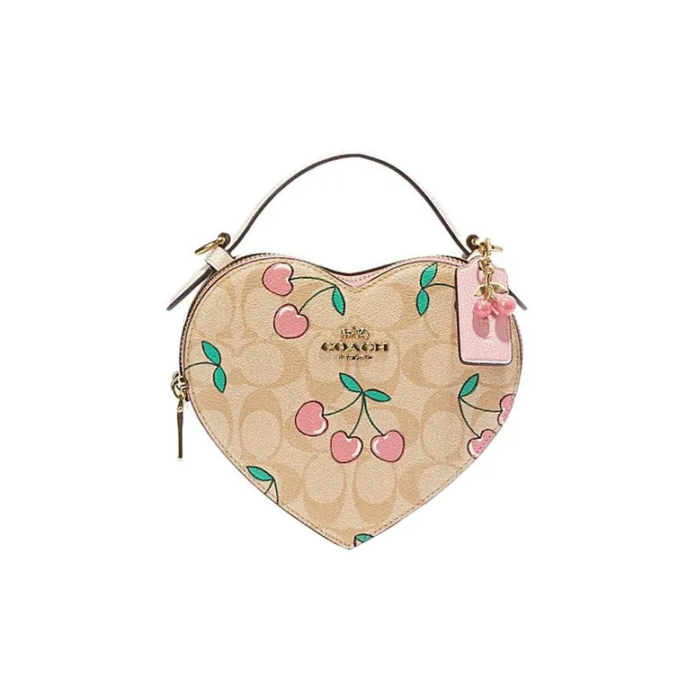 COACH Heart Canvas With Leather Cow Leather Patchwork Handbag Shoulder Bag Crossbody Bag Small Size Women's Khaki