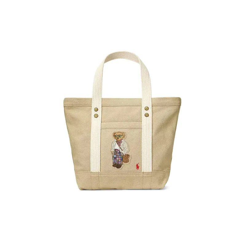 Polo Ralph Lauren Cotton With Leather Decoration Tote Bag Shopping Bag Handbag Small Size Women's Light Brown