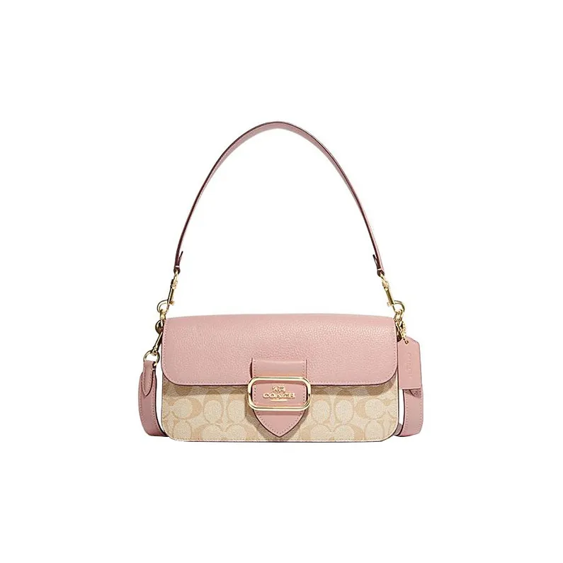 COACH Morgan Canvas With Leather Cow Leather Patchwork Handbag Shoulder Bag Large Size Women's Khaki Monogram & Pink