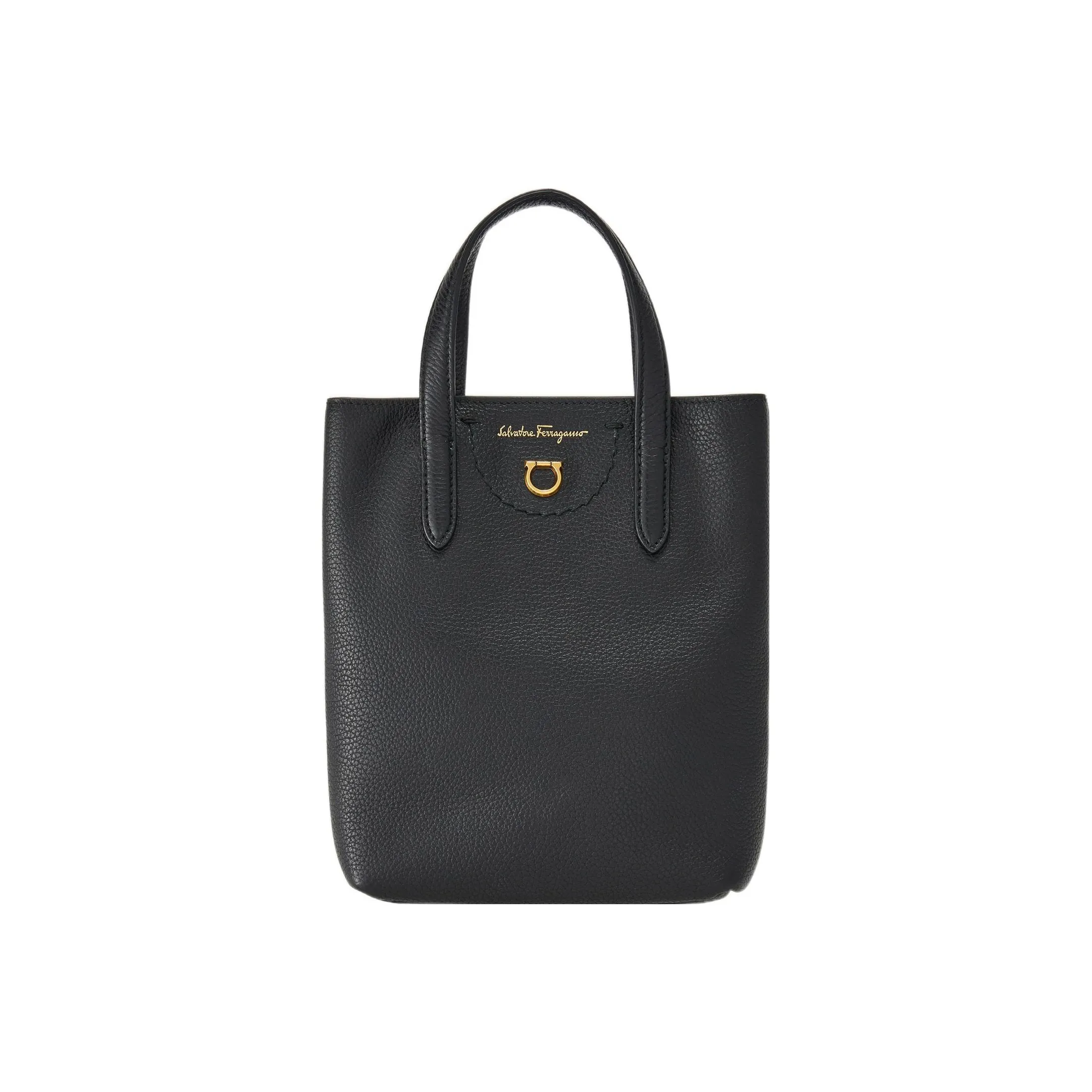 FERRAGAMO GANCINI Textured Cow Leather Tote Bag Shopping Bag Shoulder Bag Crossbody Bag Handbag Mini Women's Black