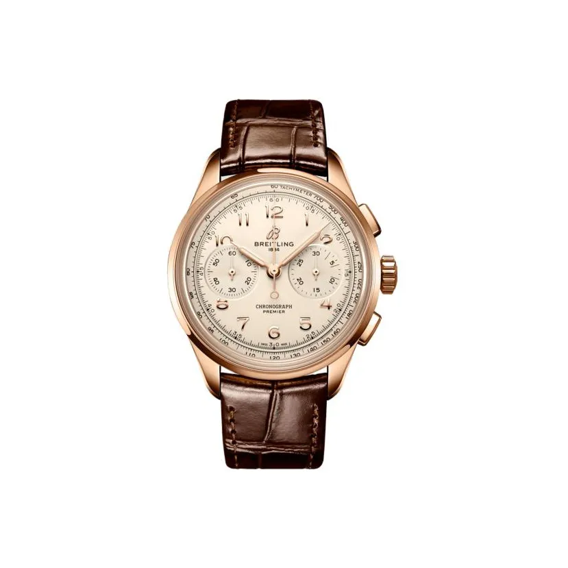 BREITLING Puya Manual Mechanical Movement Men's Watch Beige Watch Dial 18K Red Gold Watch Case Genuine Leather Strap