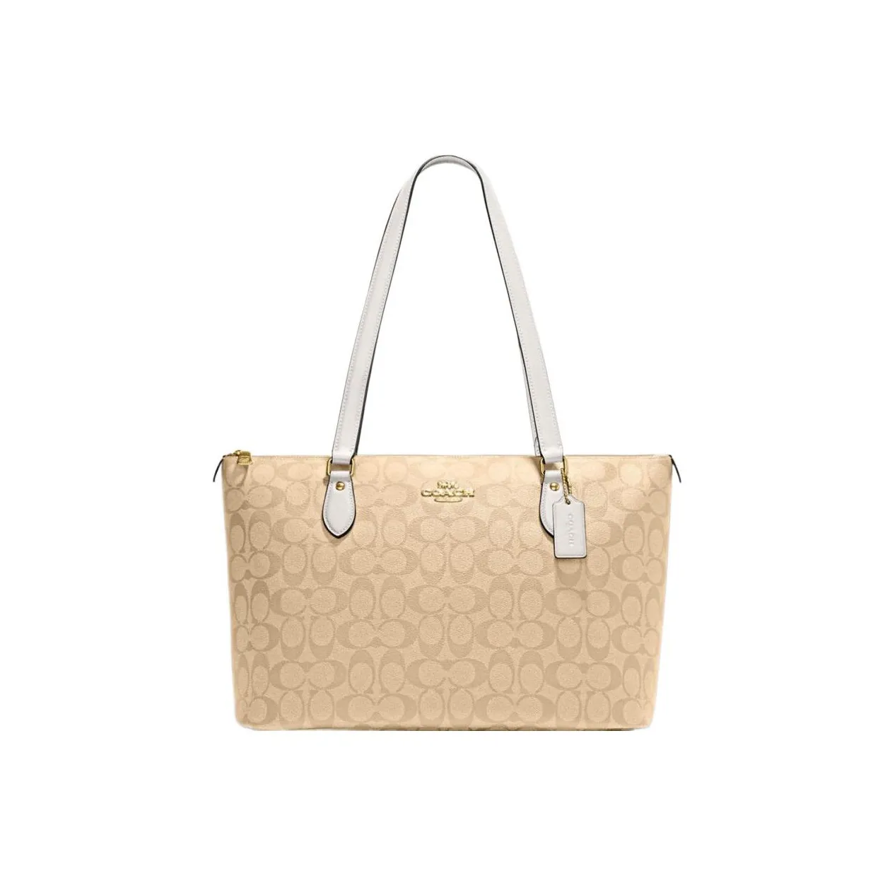 COACH Zip Top Tote Coated Canvas With Leather Tote Bag Shopping Bag Handbag Shoulder Bag Women's Khaki White Multicolor