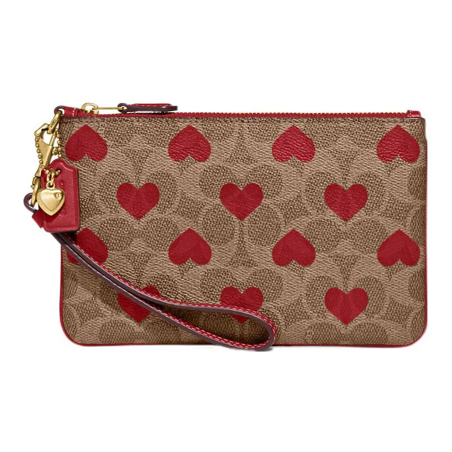 COACH Сердце Холст с кожей And Телячья кожа Запястье Сумка Клатч Маленький Женские Коричневый