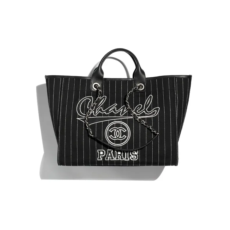 CHANEL Cotton With backpack Tote Bag Shopping Bag Handbag Large Size Women's Black/White