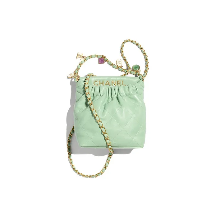 CHANEL Lambskin Bucket Bag, Shoulder Bag, Crossbody Bag Small Size Women's Light Green