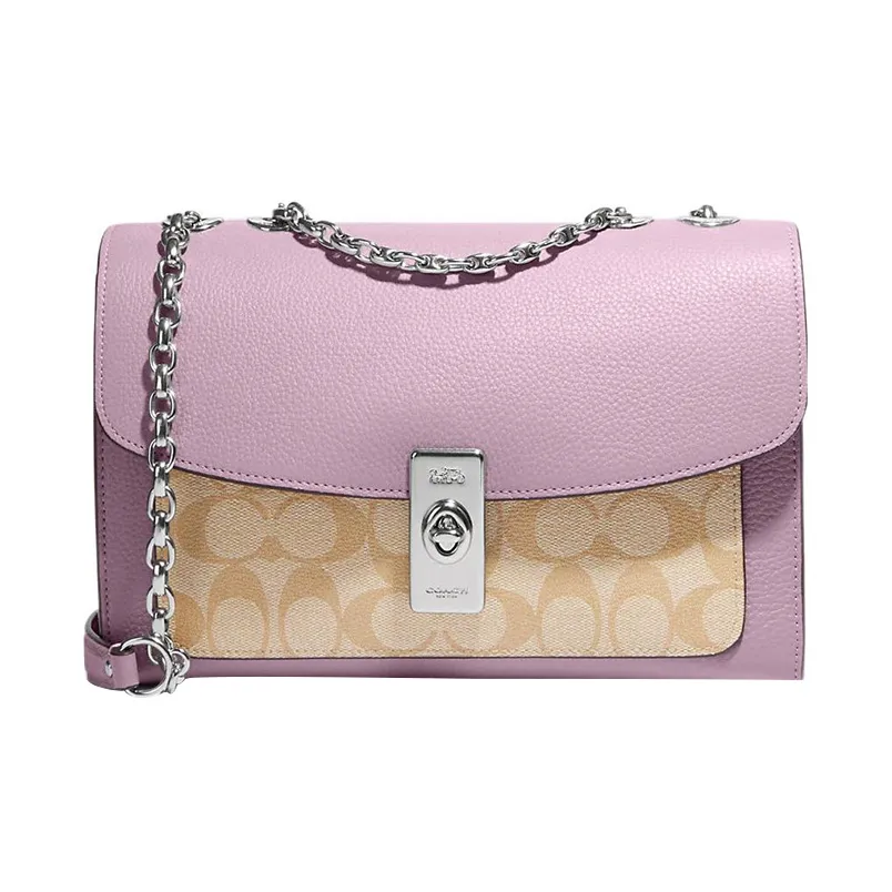 COACH Lane Покрытый холст с галечной кожей Портативная сумка через плечо сумка на плечо Женская хаки с монограммой и розовая