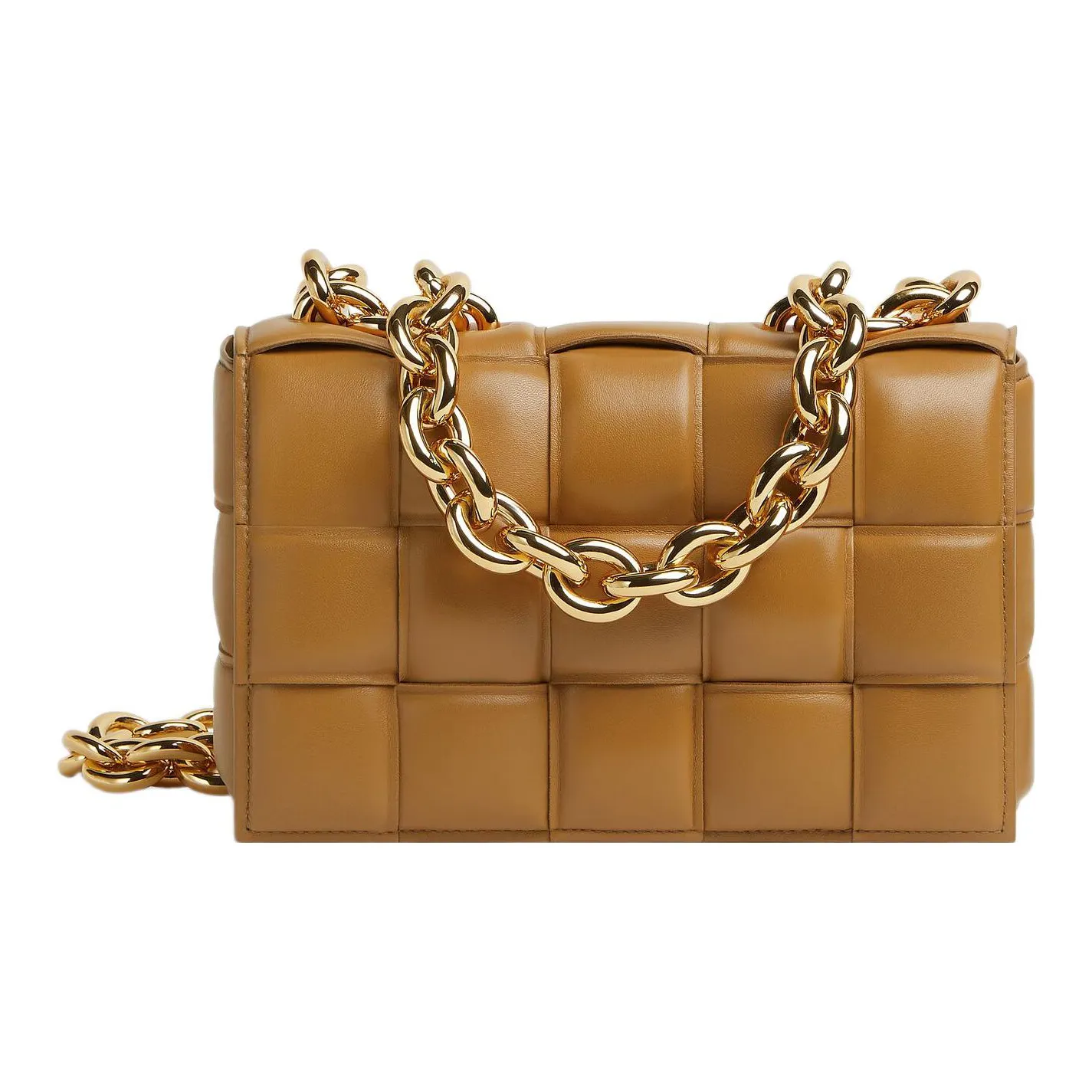 Bottega Veneta Chain Cassette Padded Intreccio Shoulder Bag Caramel