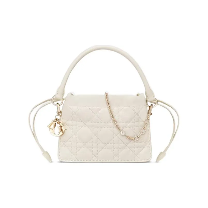 DIOR Lady Dior Sheepskin Drawstring Bag Handheld One Shoulder Handbag Mini Women's White