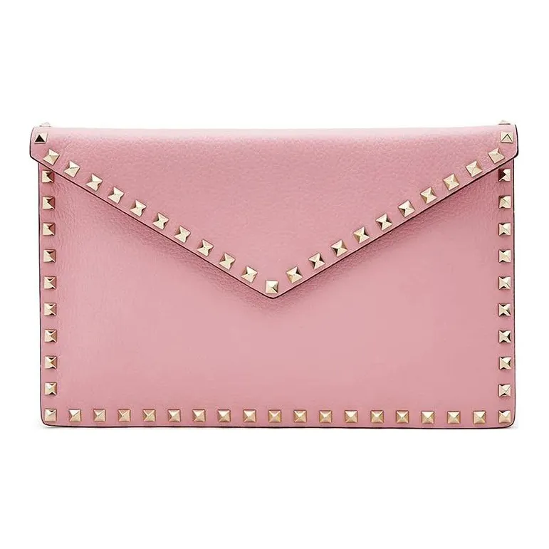Valentino ROCKSTUD Grain Cow Leather Clutch Women's Pink