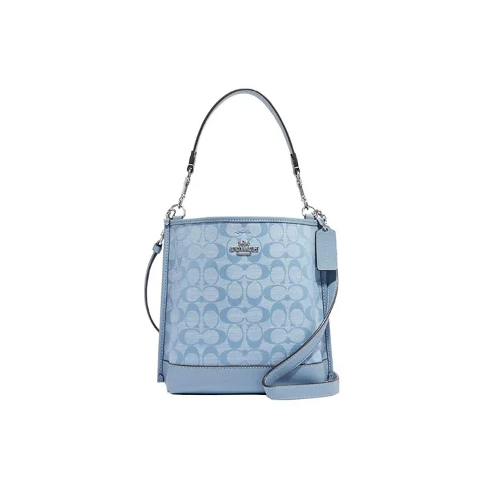 COACH Mollie Cow Leather With Textile Bucket Bag, Handbag, Shoulder Bag, Crossbody Bag Trumpets Women's Light Blue