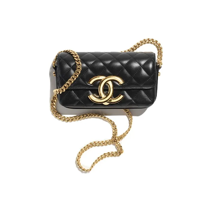CHANEL Shiny Lambskin Cell Phone Pouch, Shoulder Bag, Crossbody Bag Mini Women's Black