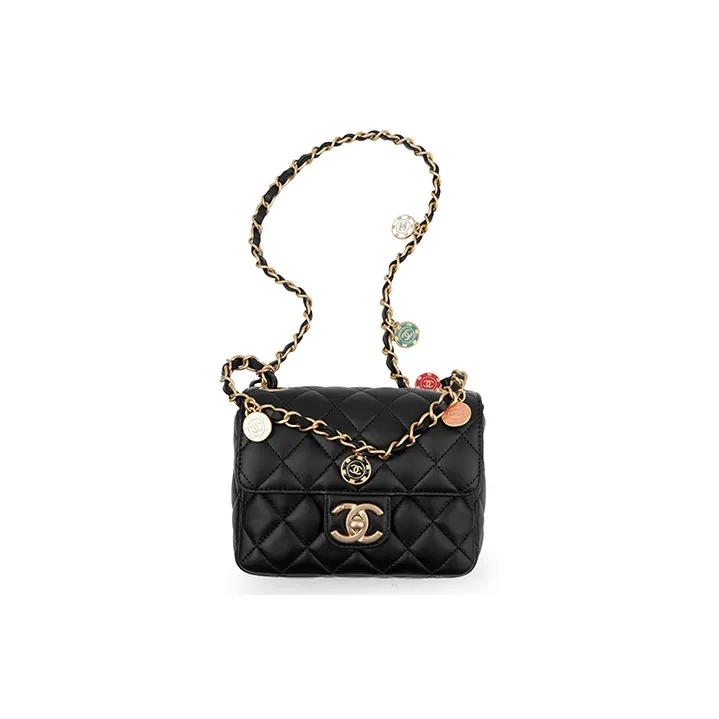 CHANEL 23C Early Spring Lambskin Mini Square Flap Bag, Flap Bag, Crossbody Bag, Shoulder Bag Women's Black