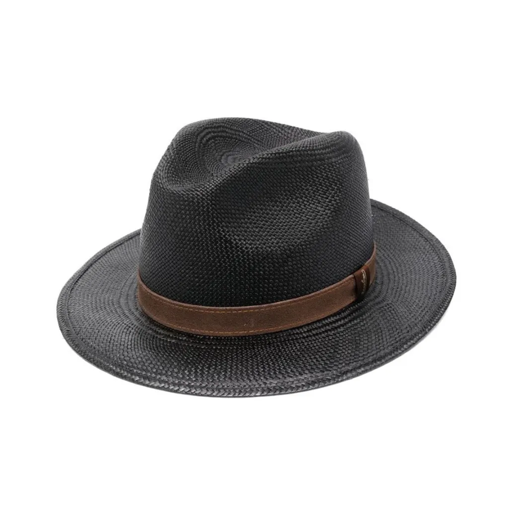 Borsalino Calfskin Straw Woven Top Hats Men's Black