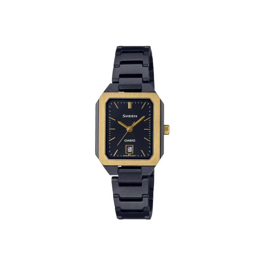 CASIO SHE4555 Galaxy Starry Коробка Кварцевый Механизм Нержавеющая Сталь Ремешок Часы Женские Черный Циферблат