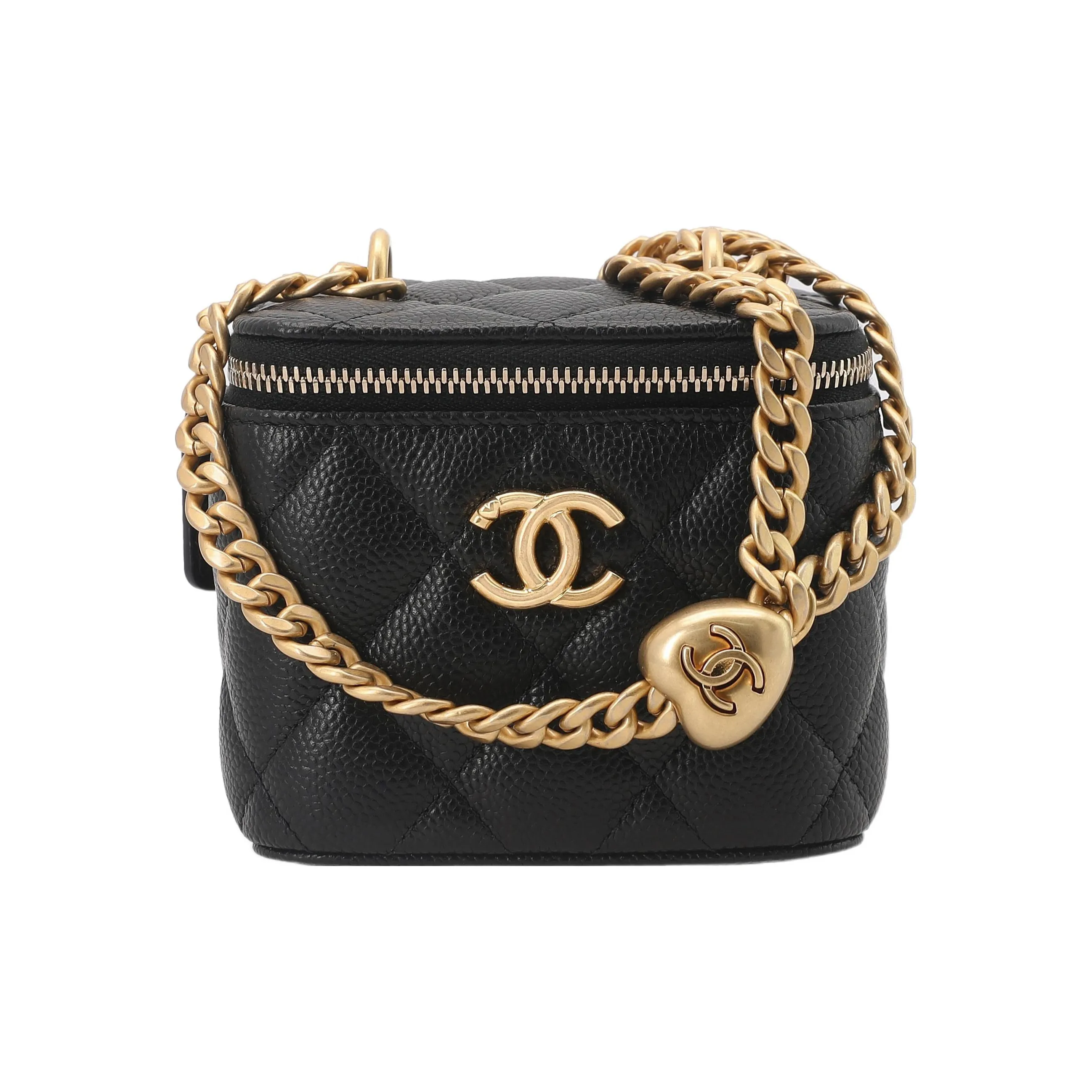 CHANEL Grain Calfskin Heart Golden Globe Box Bag, Square Box Crossbody Bag, Shoulder Bag Trumpets Women's Black