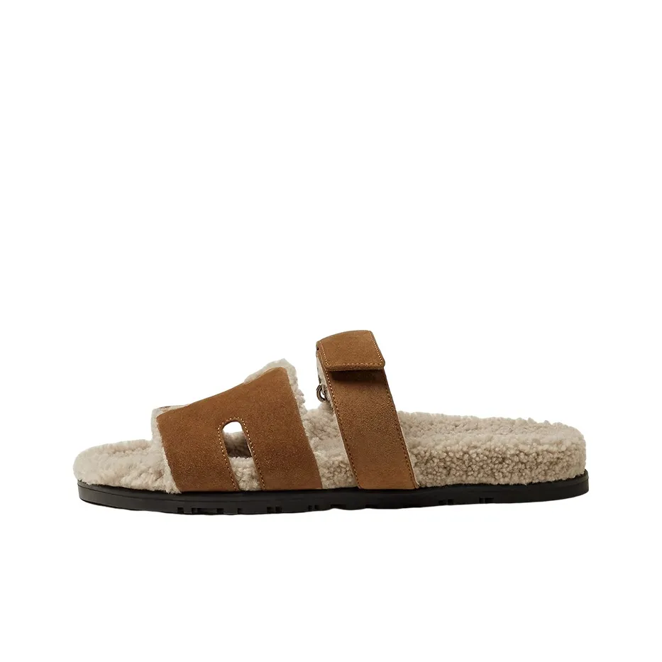 HERMES Chypre Sandal Brun Fume Suede Woolskin M