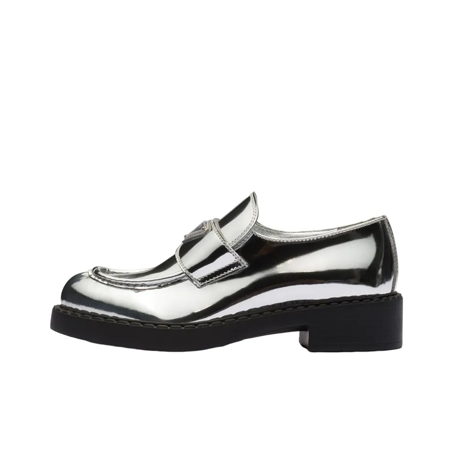 PRADA Metallic 50mm Loafers Silver Leather Women's