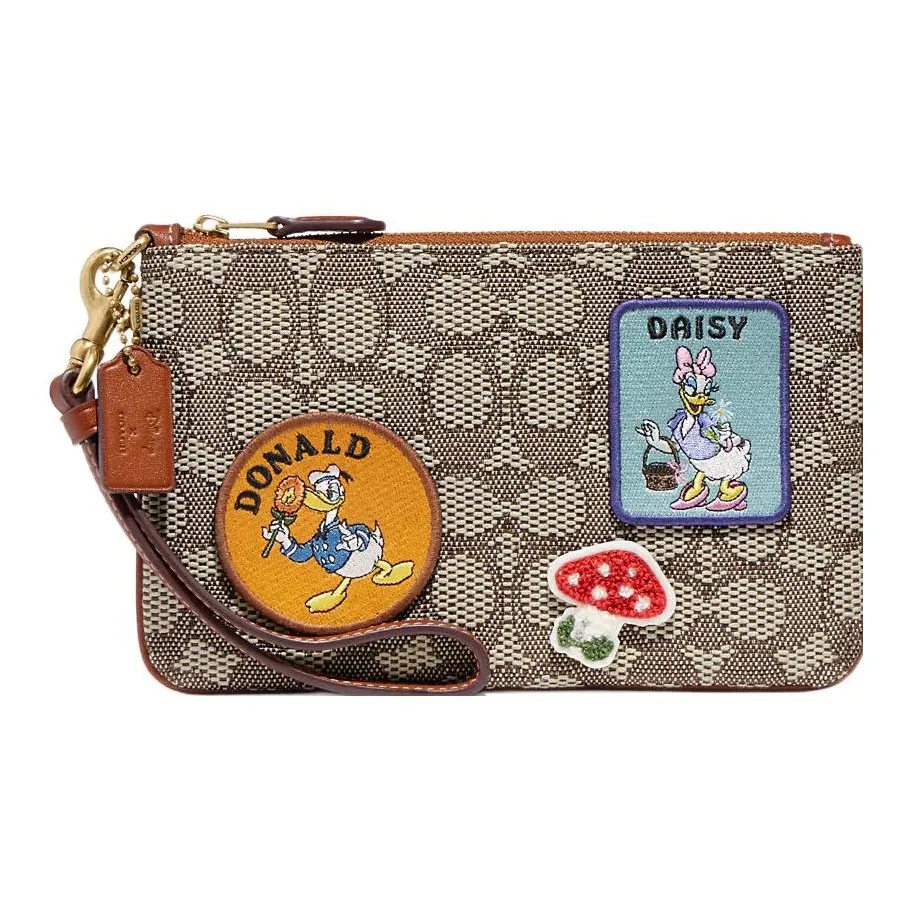 COACH Disney Collaboration Wristlet Кожа с Ткань Запястье Сумка Маленькая Женская Коричневая