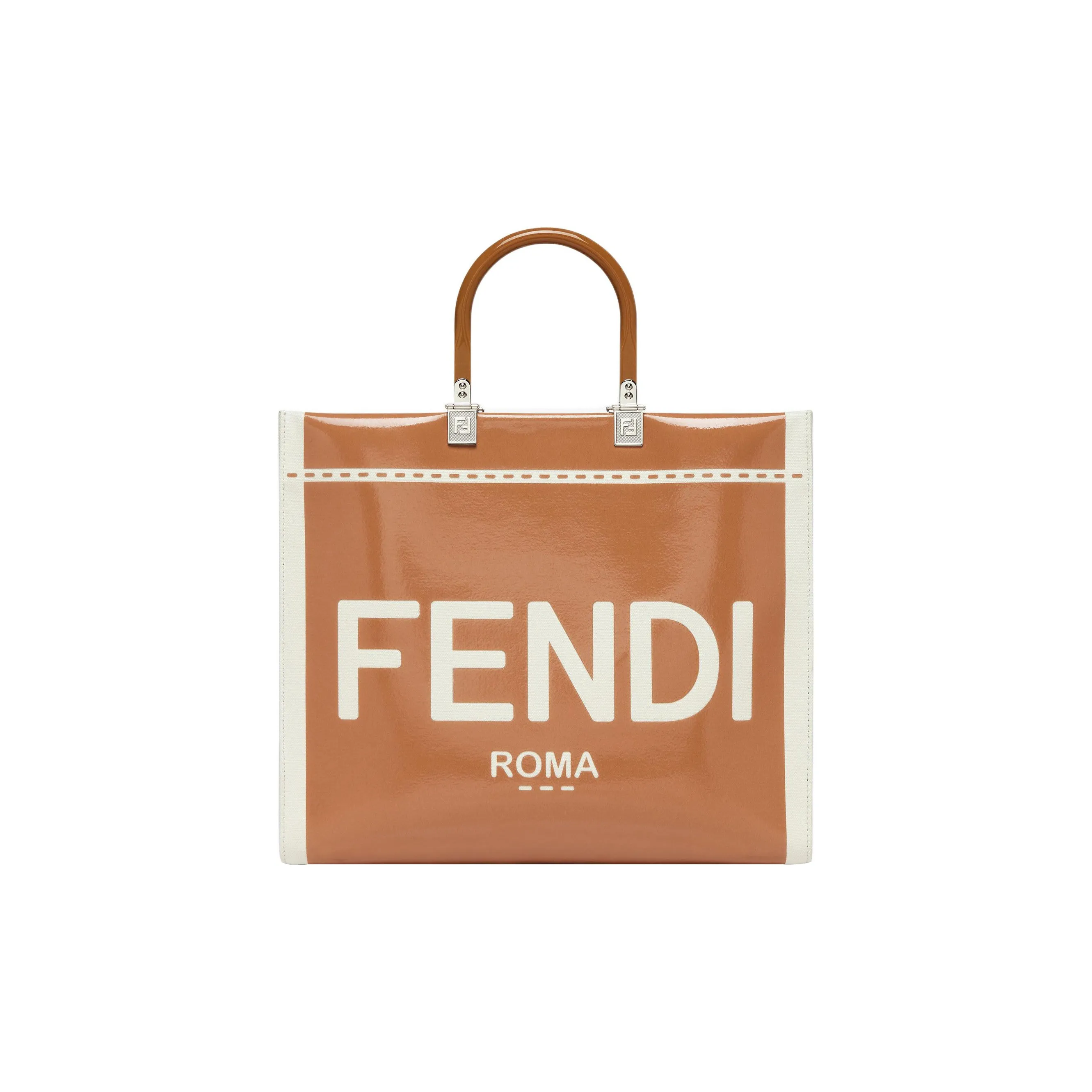 FENDI Sunshine Patent Leather Cow Leather Tote Bag Shopping Bag Handbag Medium Size Women's Brown