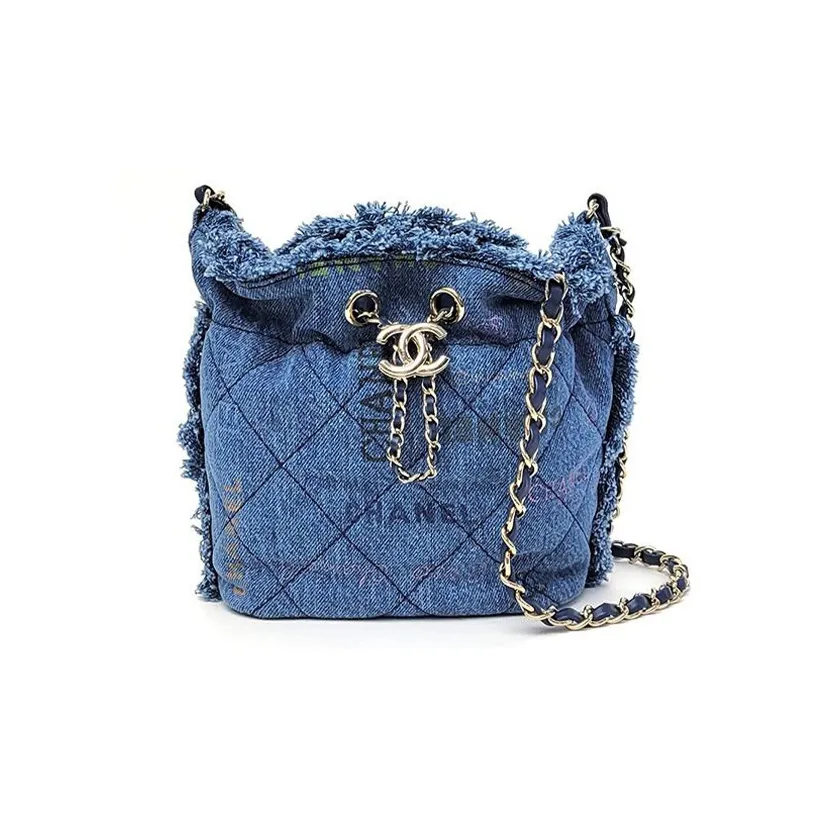 CHANEL Denim Bucket Bags Lasercut Shoulder Bag Crossbody Bag Small Size Women's Blue