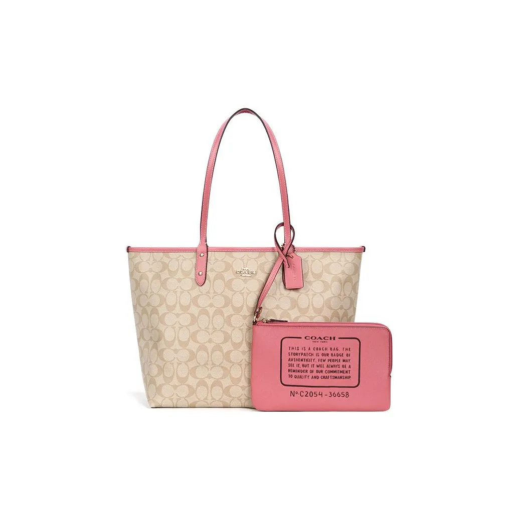 COACH Canvas With Leather Tote Bag, Shopping Bag, Combo Bag, Handbag, Shoulder Bag Tubas Women's Khaki & Pink