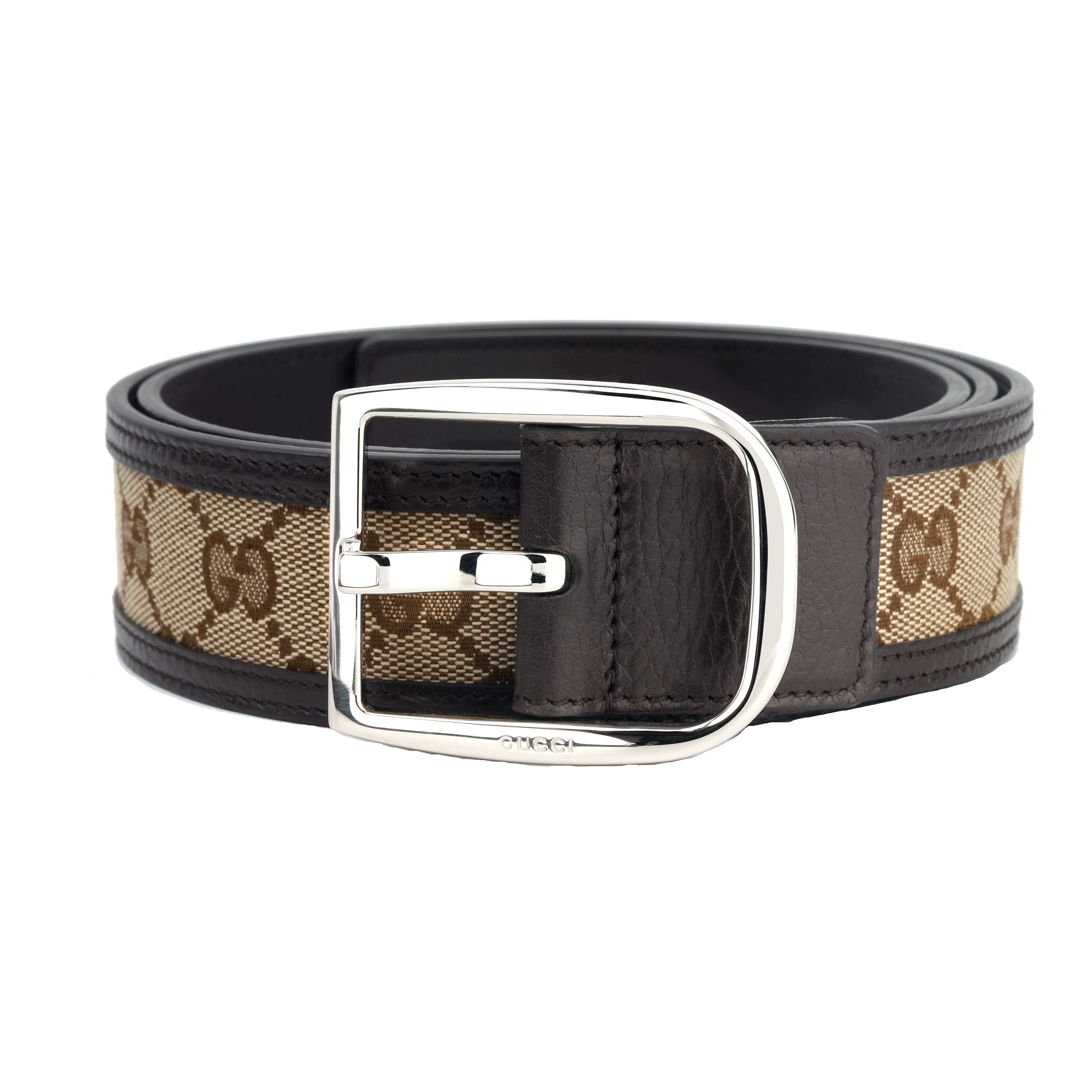 GUCCI Double G Brown Canvas Horse Shoe Mouth Pin Buckle Leather Belts Men's Brown Width  4cm