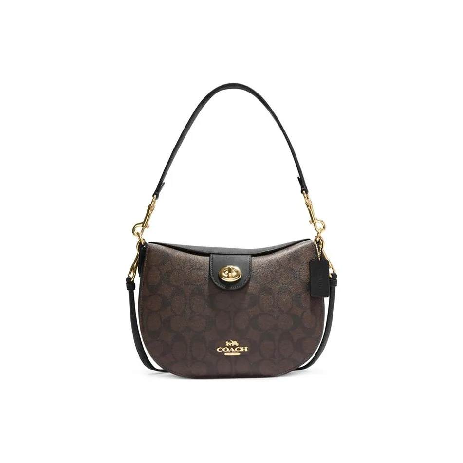 COACH HoboElla Canvas With Leather Shoulder Bag Crossbody Bag Handbag Large Size Women's Dark Brown