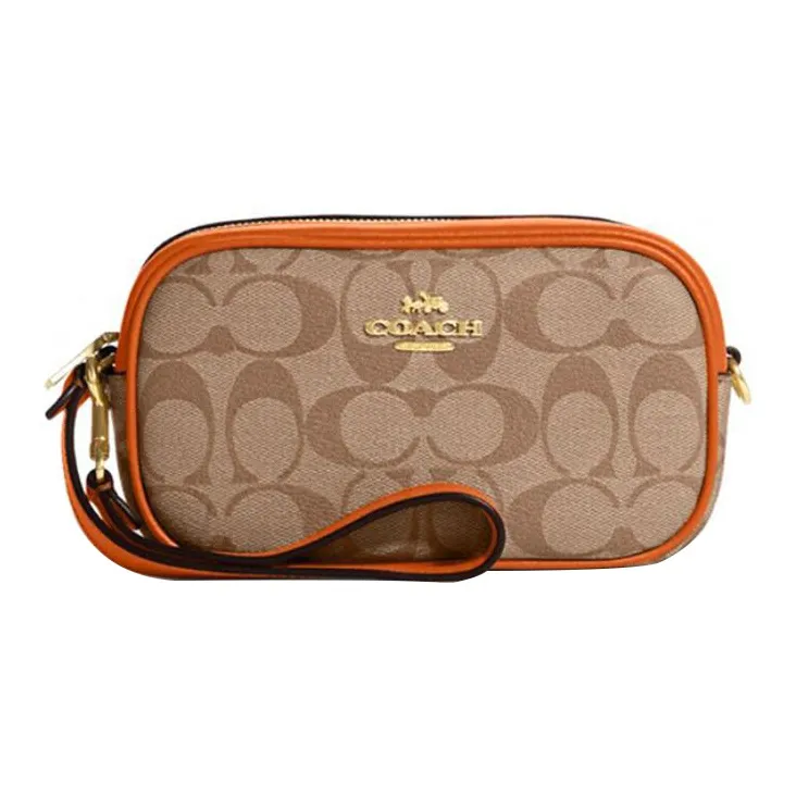 COACH Jamie Coated Canvas With Leather Camera Bag Coin Purse Wrist Bag Clutch Small Size Women's Light Brown