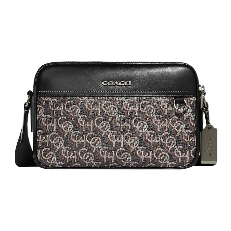 COACH Graham PVC Cow Leather Patchwork Camera Bag Shoulder Bag Crossbody Bag Medium Size Unisex Gray & Black