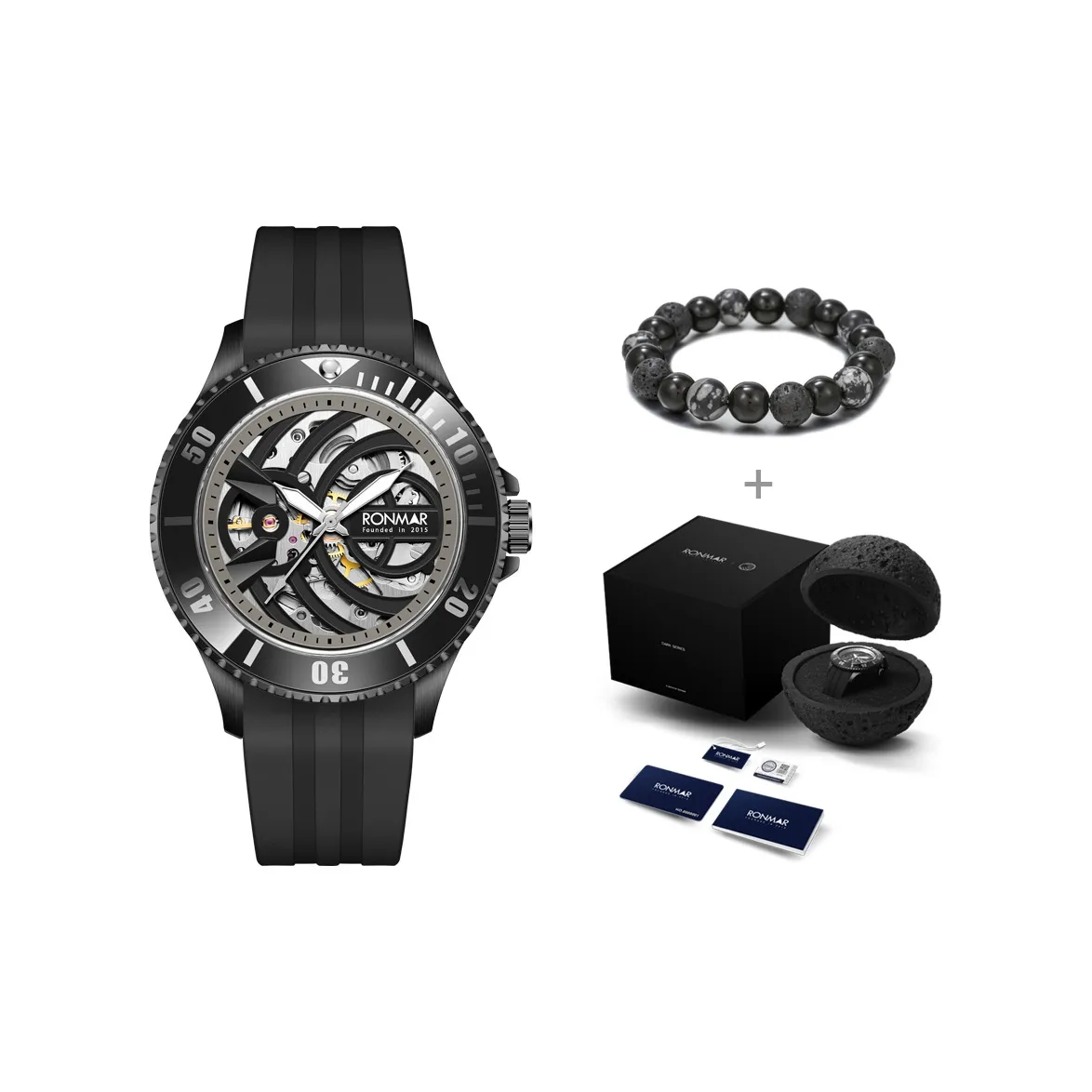 RONMAR Dark Series Автоматический Механический Механизм Резиновый Ремешок Часы Унисекс Черный Циферблат