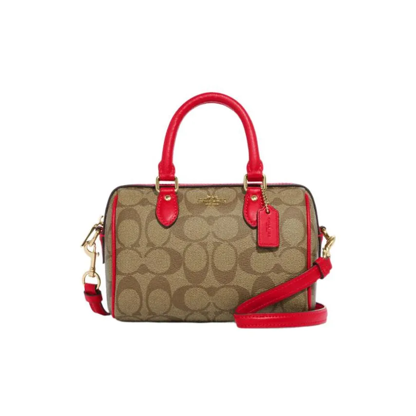 COACH Cow Leather One Shoulder Handbags Medium Size Women's Rose Red & Brown Monogram