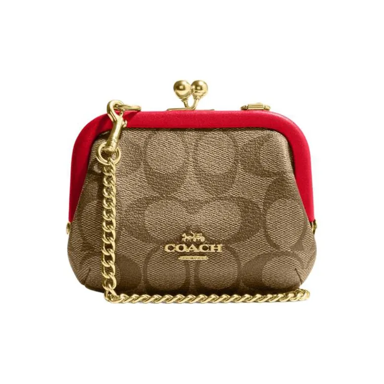 COACH Kisslock Canvas With Leather Shoulder Bag Crossbody Bag Card Holder Wallet Mini Women's Red & Brown